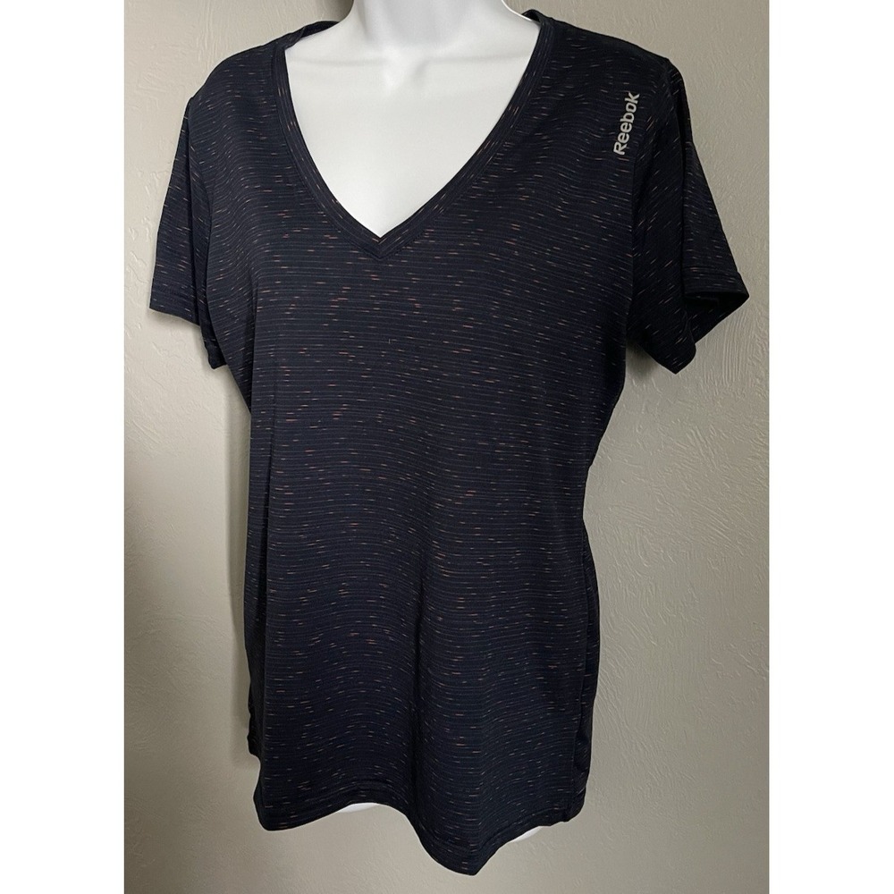 Reebok Athletic Shirt Womens Size Large Blue/ Pink Short Sleeve V-Neck SpeedWick - Picture 2 of 12